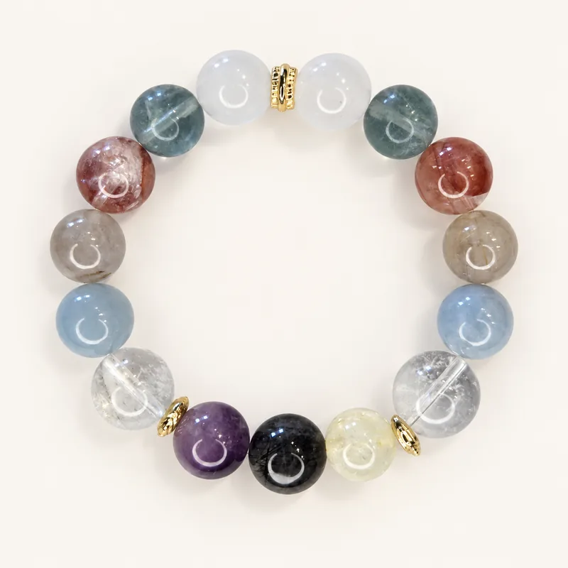 Five Wisdom Buddhas bracelet, product photo on a plain background