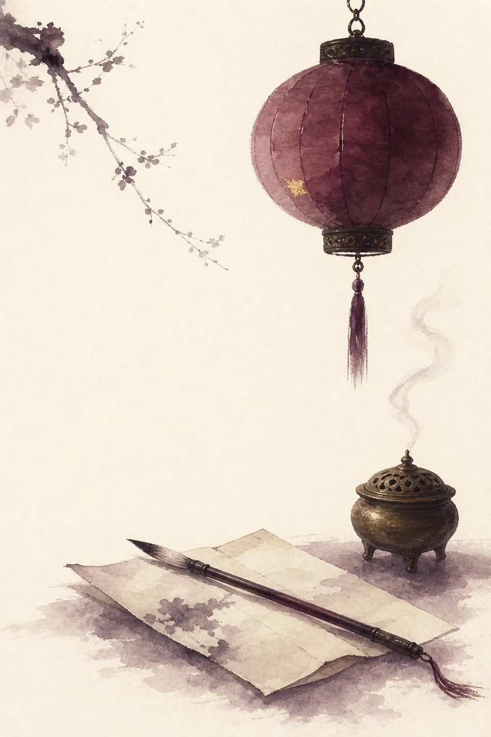 A red lantern hanging above a writing brush and folded paper, with a small bronze incense burner beside them