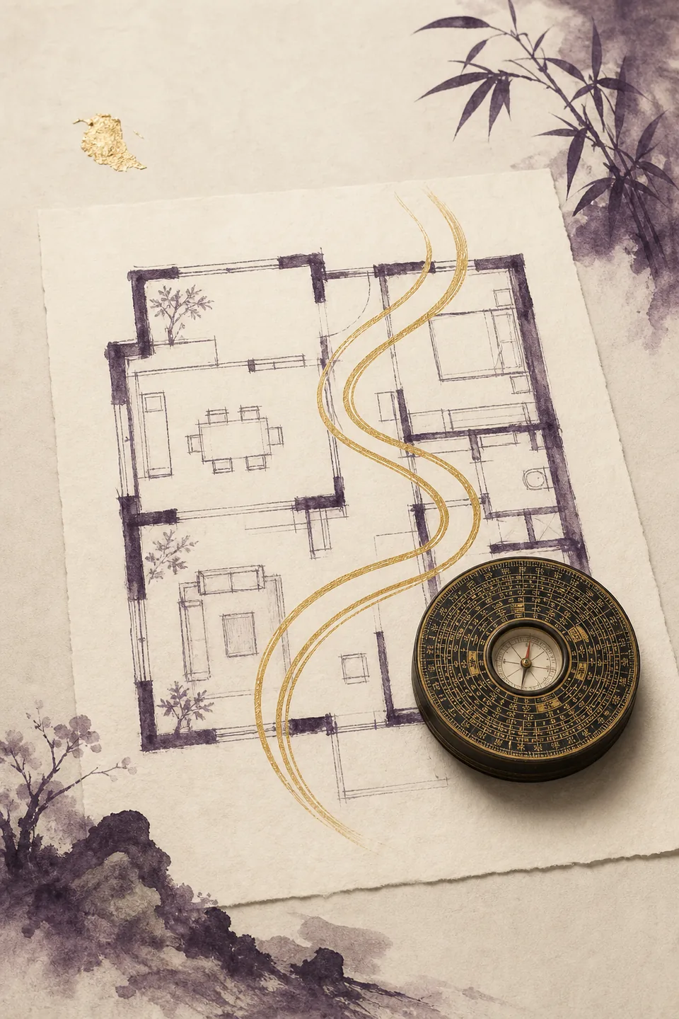 A hand-drawn floor plan with a luopan compass resting on it, three flowing gold lines crossing the page