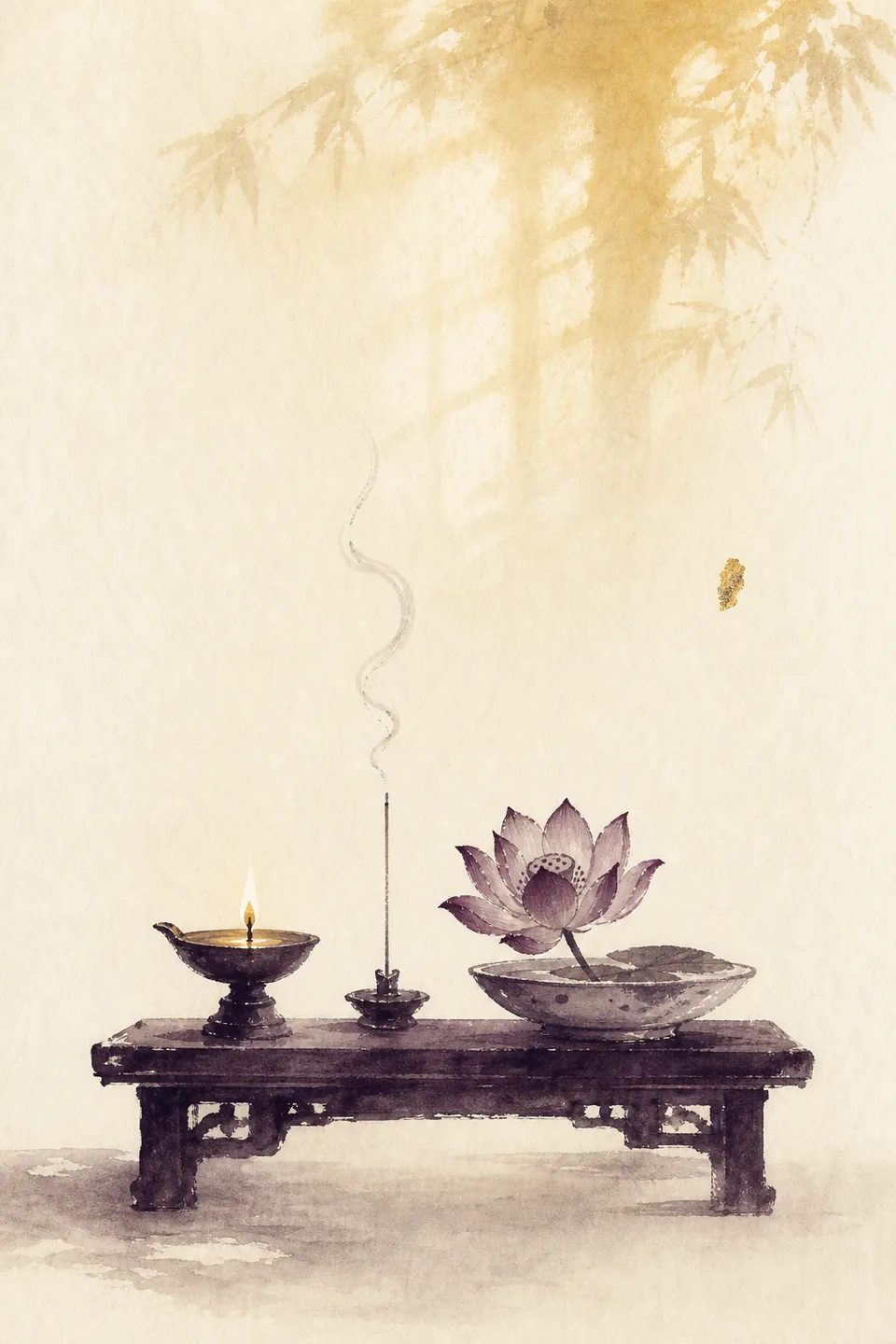 An oil lamp and a lotus in a bowl on a low wooden altar table, a thin trail of incense smoke rising in soft morning light