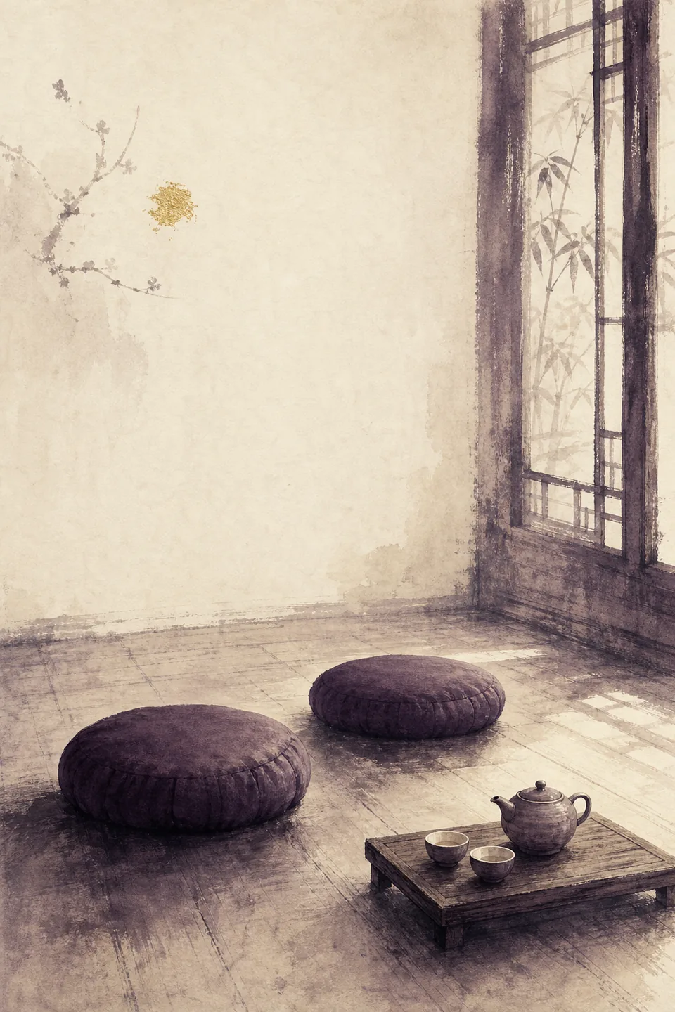 Two empty meditation cushions on a wooden floor beside a tray with a teapot and two cups, in a quiet, empty room
