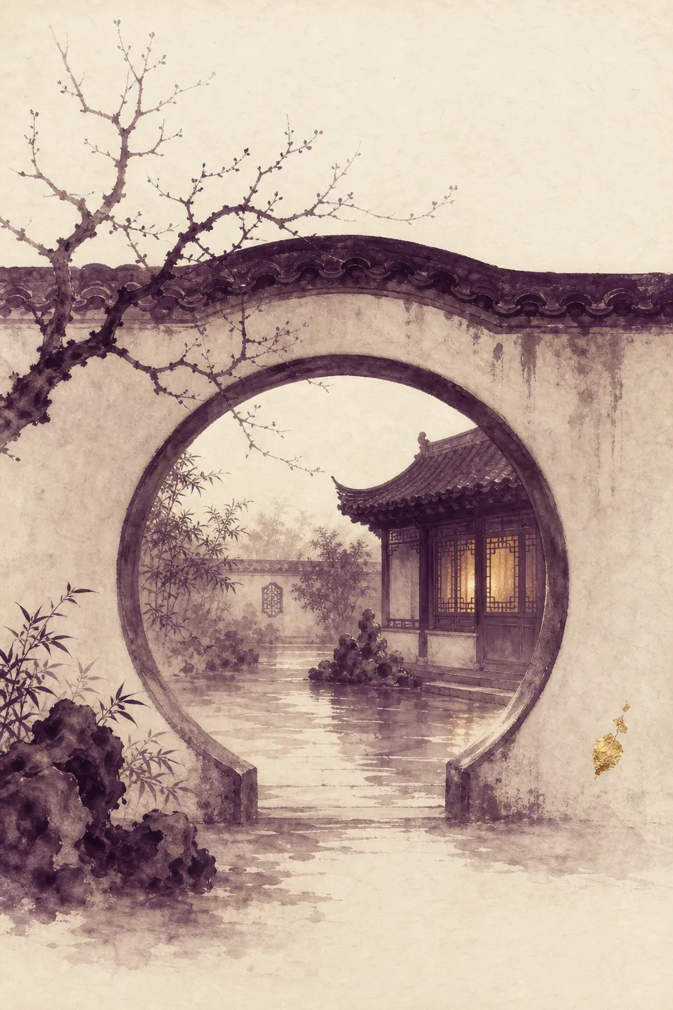 A classical Chinese courtyard glimpsed through a round moon gate, warm lamplight in a window beyond