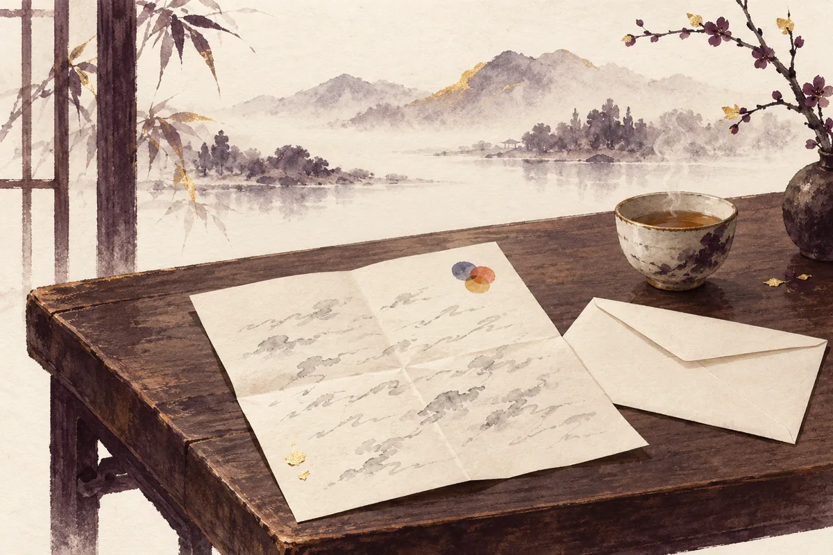 An unfolded handwritten letter on a wooden table with three small overlapping colour circles in its corner, an envelope and a steaming cup of tea beside it