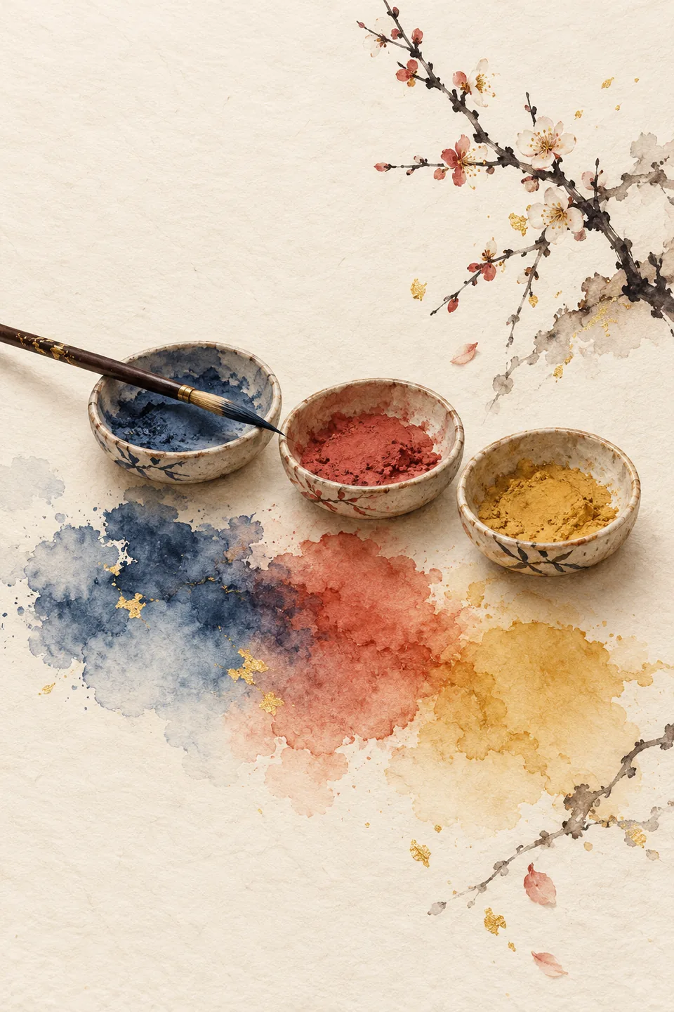 Three small ceramic dishes of indigo, vermilion and ochre pigment with a brush resting across them, the three colours blooming into each other on cream paper beside a sprig of plum blossom